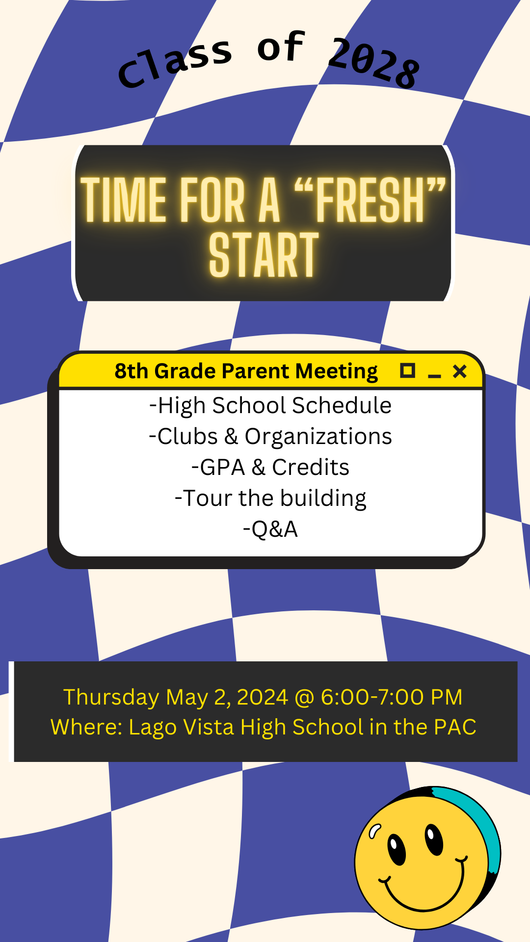 Join the high school counselors in the PAC to get answers to all your questions about entering high school. We will go over schedules, clubs & organizations, GPA, credits, and take a tour of the beautiful LV High School campus. Thursday, May 2, 2024 beginning at 6pm in the Performing Arts Center at LVHS.
