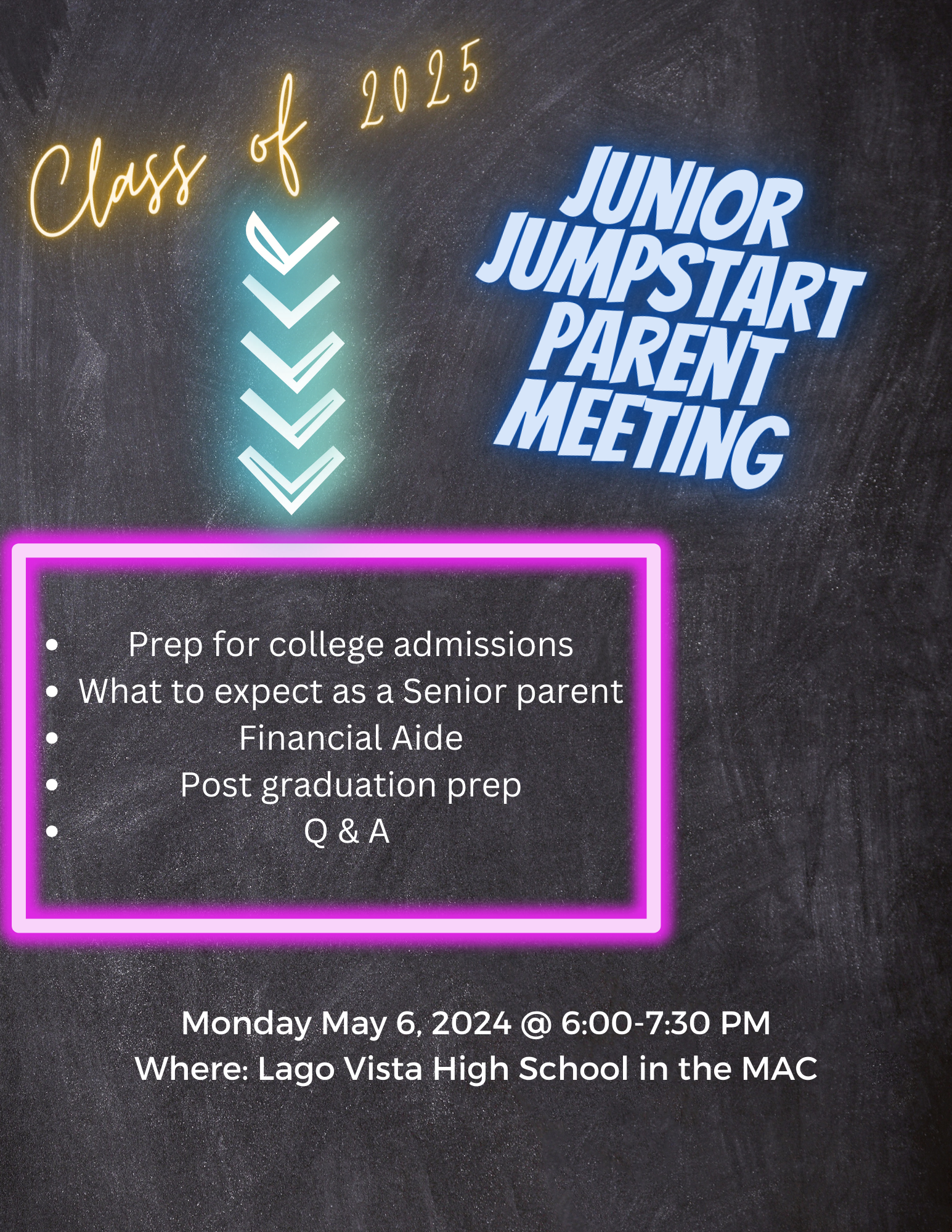 Parents and Juniors, join us in the MAC at LVHS on Monday, May 6th at 6pm. We will discuss college admissions, financial aid, what to expect as a senior parent and more.
